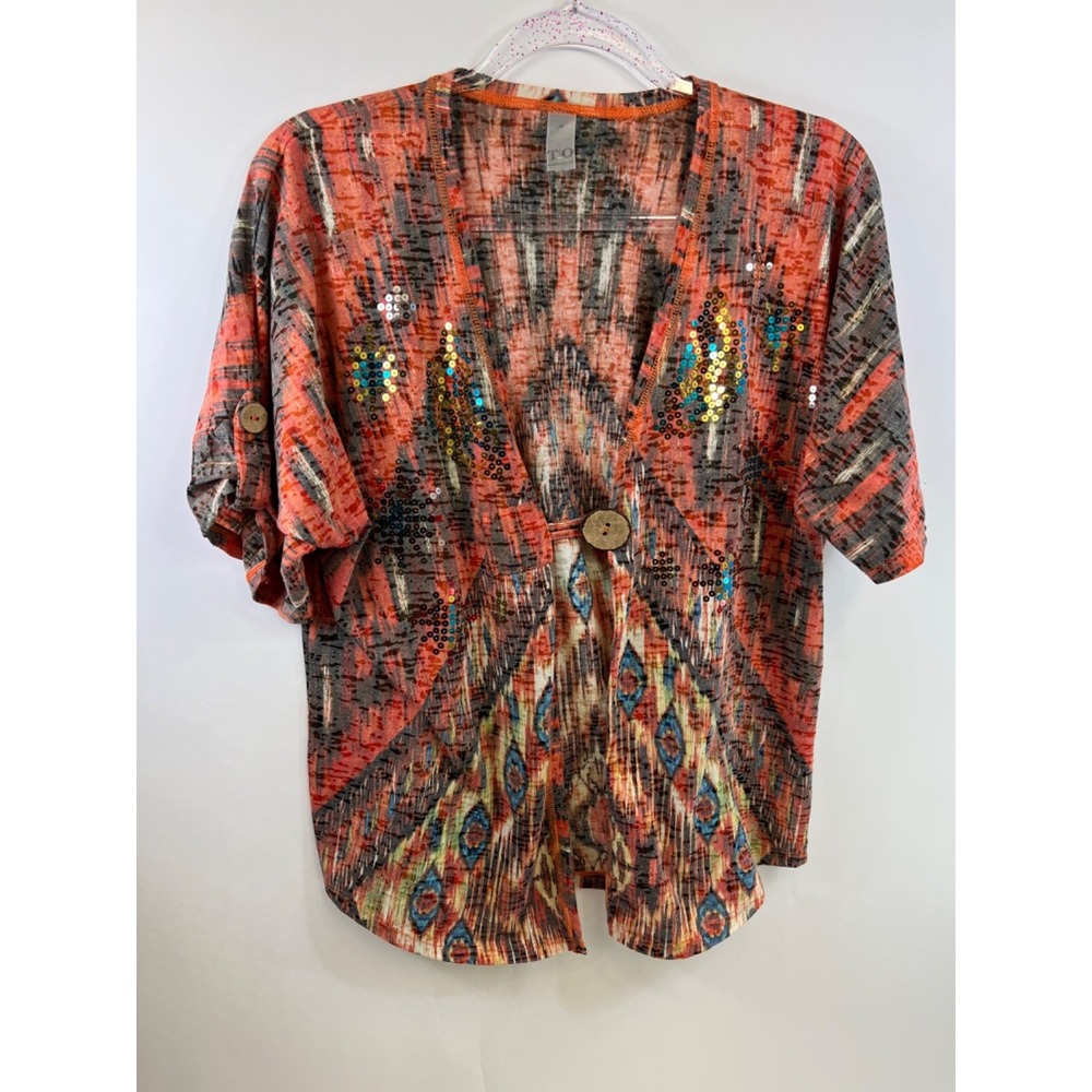 Thomas & Olivia Sequin Drape‎ Short Sleeve Jacket, Orange Multicolor, Women's M
